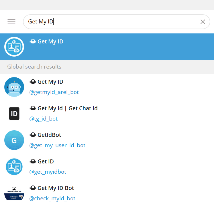 "screenshot displaying searching 'Get My ID' bot for obtaining chat id"